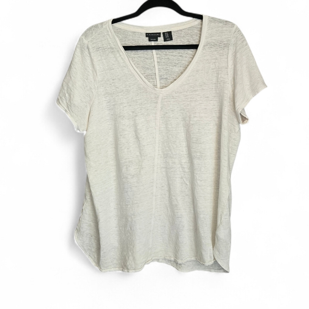 Tahari 100% Linen V-Neck Tee White Short Sleeve Plus Size 1X
